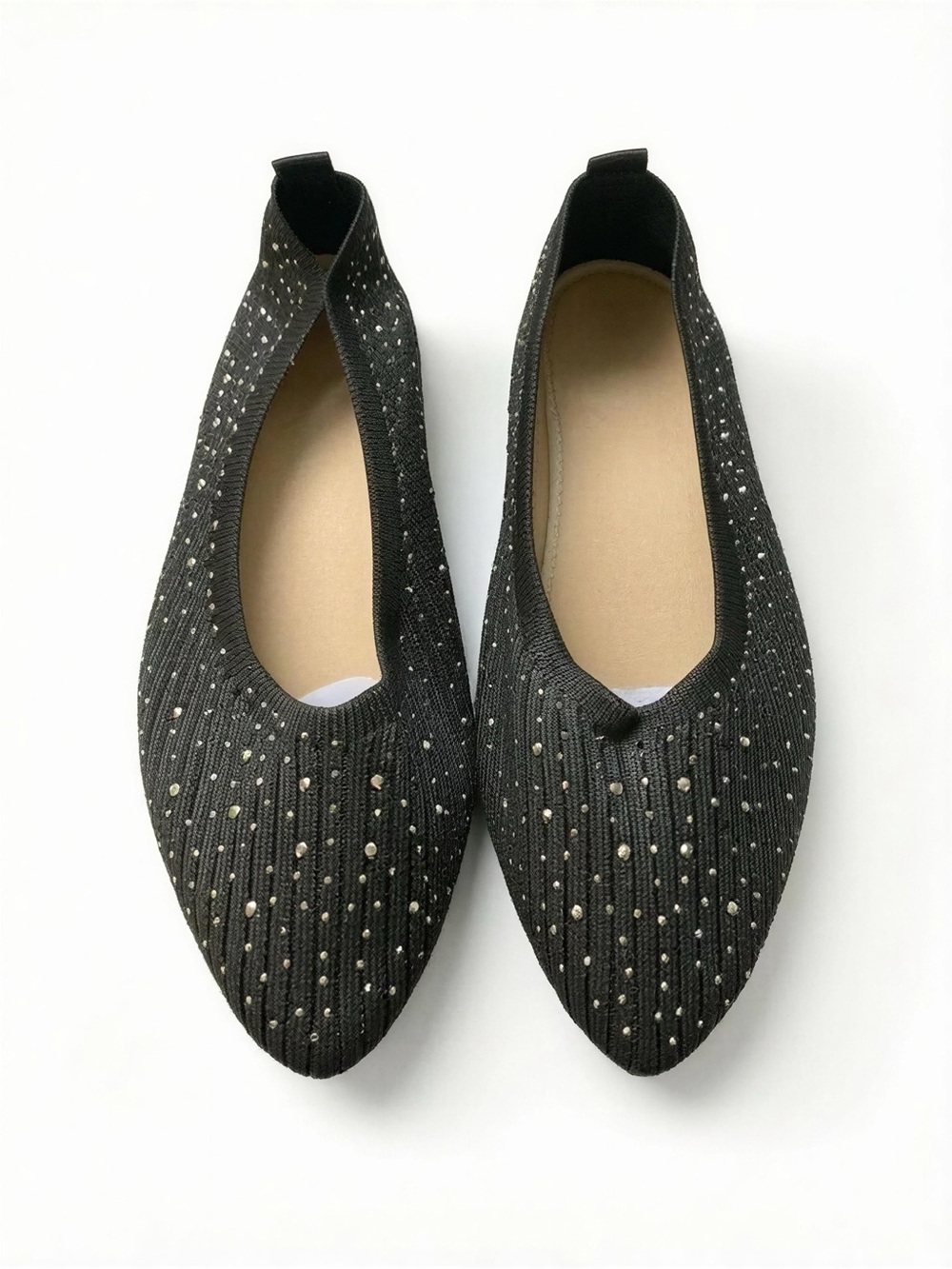 Black Embellished Knit Slip-On Flats for Women